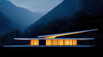 Modern Mountaintop House at Dusk Illuminated Windows Panoramic View photo