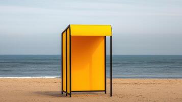 Vibrant Yellow Beach Changing Room Shelter on Sandy Shore Ocean View photo