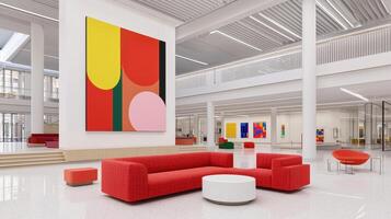 Modern Office Lobby Interior Design with Red Sofa Abstract Artwork and Terrazzo Floor photo