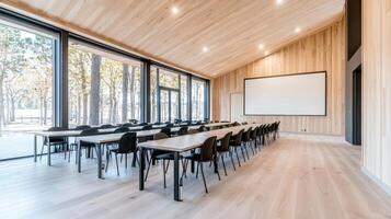 Modern Conference Room with Large Windows Wooden Walls and Projection Screen photo
