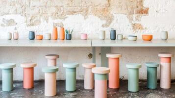 Pastel Terrazzo Stools and Pottery on a Light Green Table Against a Distressed Brick Wall photo
