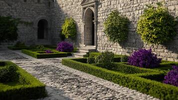 Picturesque Medieval Courtyard Garden with Stone Path Lush Greenery and Purple Flowers photo
