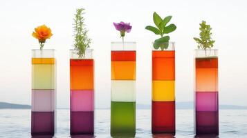 Colorful Layered Vases with Flowers and Herbs by the Sea photo