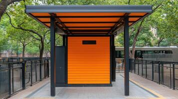 Modern Orange Public Shelter with Black Canopy in Urban Park Setting photo