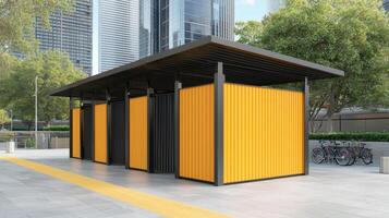 Modern Urban Public Restrooms with Yellow and Black Design near Cityscape photo