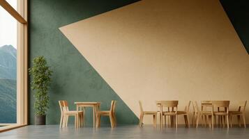 Modern Minimalist Cafe Interior Design with Wooden Tables and Chairs Green Wall Mountain View photo