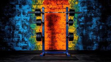 Loaded Weightlifting Rack Against Vibrant Graffiti Wall in Gym photo