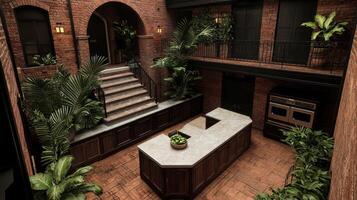 Luxurious Indoor Courtyard Kitchen with Brick Walls Greenery and Island Counter photo
