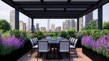 techo comida terraza con ciudad horizonte ver moderno pérgola lavanda plantas foto
