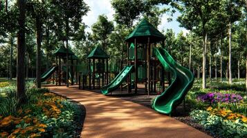 Serene Woodland Playground Children s Play Structure Slides Green Trees photo