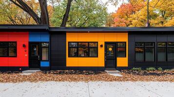 Colorful Modern Building Exterior with Autumn Leaves Fall Season Architecture photo