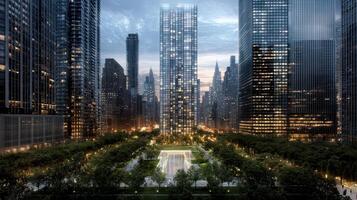 Modern Skyscraper Architecture at Dusk City Park View Evening Metropolis photo