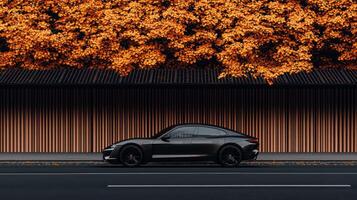Sleek Black Electric Car Parked Under Autumn Leaves Modern Architecture photo