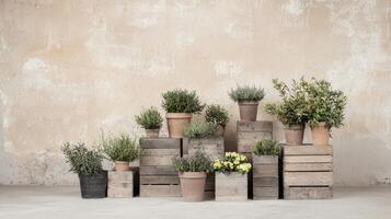 Rustic Wooden Crate Arrangement with Potted Herbs and Plants Against a Weathered Wall photo