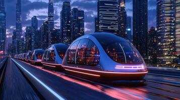 Futuristic Autonomous Pods Traveling Elevated Track at Night in Cityscape photo