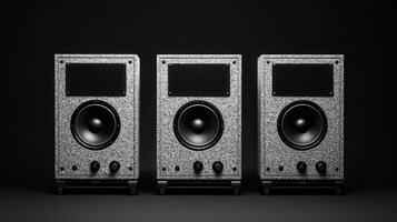 Three Stylish Grey Fabric Covered Studio Speakers on Dark Background photo
