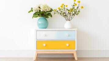 Colorful Two Drawer Chest with Yellow and Blue Accents Decorated with White and Yellow Flowers in photo