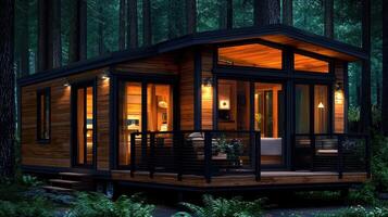 Modern Wooden Cabin in Forest at Night Cozy Tiny House Exterior Illuminated Deck photo