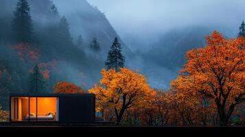 Modern Cabin nestled in Autumnal Mountain Landscape with Vivid Orange Foliage photo