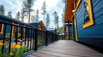 Modern Blue Cabins with Orange Accents Wooden Deck in a Pine Forest photo