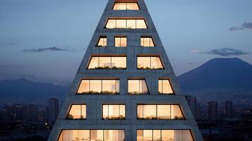 Modern Triangular Concrete Building at Dusk Cityscape View Illuminated Windows photo