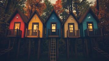 Charming Colorful Treehouses in Autumnal Forest at Dusk photo