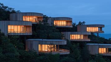 Modern Wooden Villas on Hillside at Dusk Illuminated Architecture Scenic View photo