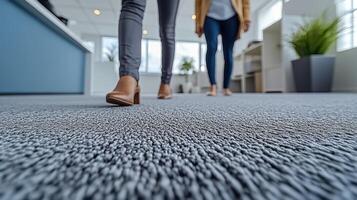 Footsteps on plush carpet create a welcoming atmosphere in a bright workspace with greenery photo