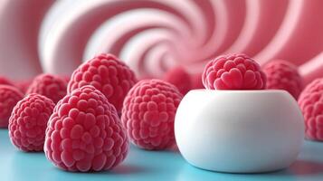 Ripe raspberries of different sizes around a bowl, on a soft, swirled pink backdrop photo