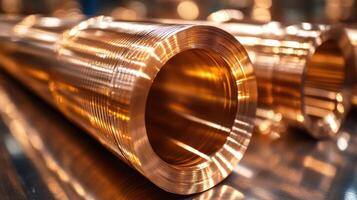 Gleaming copper coils are stacked neatly, showcasing intricate patterns and reflections photo