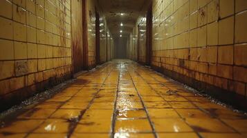 Water pools on the yellow tiles while shadows loom in a dimly lit, abandoned corridor photo