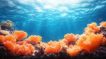 Bright orange coral spreads across the ocean floor, lit by sunlight filtering through photo