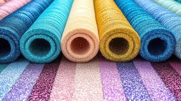 Rolls of vibrant glittery materials are neatly arranged, creating a captivating display of colors photo