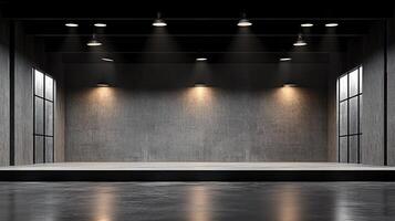 A modern gallery for artists, with a polished concrete floor and striking overhead highlights photo