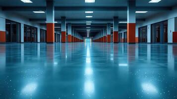 A calm corridor glows with soft lights, casting orange and blue reflections on polished floors photo