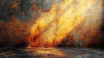 Golden rays of light cast intriguing shapes on a weathered wall, creating a captivating atmosphere photo