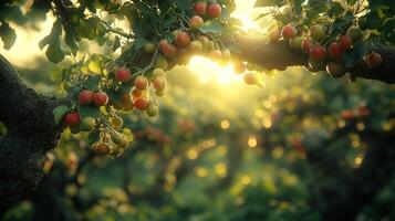 Orchard branches are laden with colorful apples as warm sunlight casts a magical glow photo