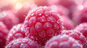 Ripe raspberries cluster together, sparkling with dew in the warm glow of the summer sun photo