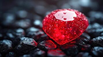 A beautiful red heart gem with droplets sits on textured dark pebbles, shining softly in the light photo
