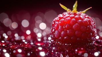 A single juicy raspberry gleams with droplets on rich red juice in soft light photo