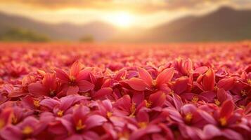 Fields of vibrant pink flowers stretch toward the horizon, illuminated by a warm sunset glow photo