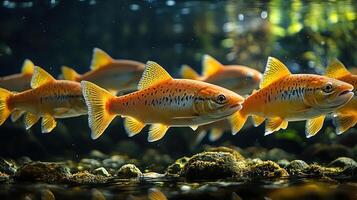 Golden trout glide effortlessly among aquatic plants, showcasing vibrant colors in tranquil water photo