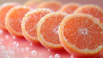 Citrus slices gleam with moisture on a soft pink backdrop, exuding freshness photo