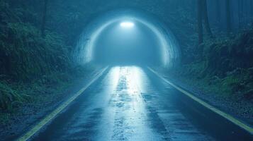 A winding road fades into a foggy tunnel glowing with soft blue light photo