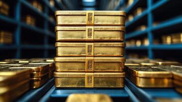 Rows of shiny gold bars are neatly organized in a vault, symbolizing wealth and stability photo