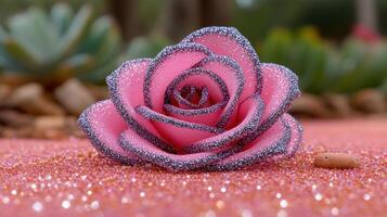 A pink rose with glitter rests on a sparkling bed, surrounded by vibrant greenery photo