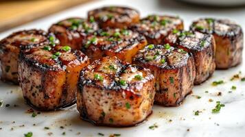 Sizzling culinary delights of grilled scallops topped with vibrant green herbs tantalize the senses photo