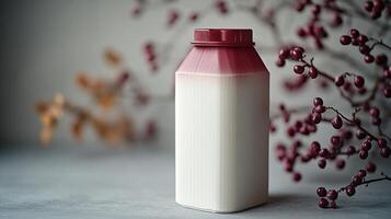 A charming milk container sits amid autumn leaves and berries, adding a cozy touch photo