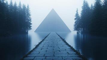 A serene pathway leads to a mystical pyramid rising from still waters, enveloped in fog at dusk photo