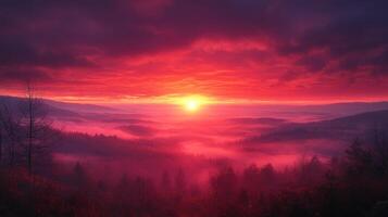 Vivid colors blend in the sky as the sun sets behind tranquil hills, creating a magical atmosphere photo
